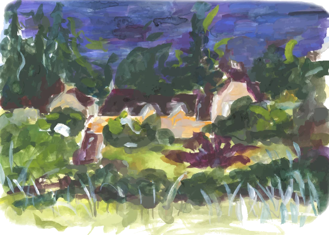 Invercharron House among its trees, in watercolour
